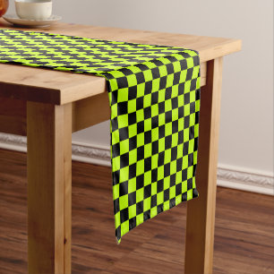 Acid green black checkerboard pattern short table runner