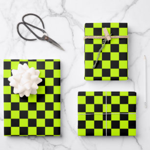 Acid green black checkerboard pattern wrapping paper sheets