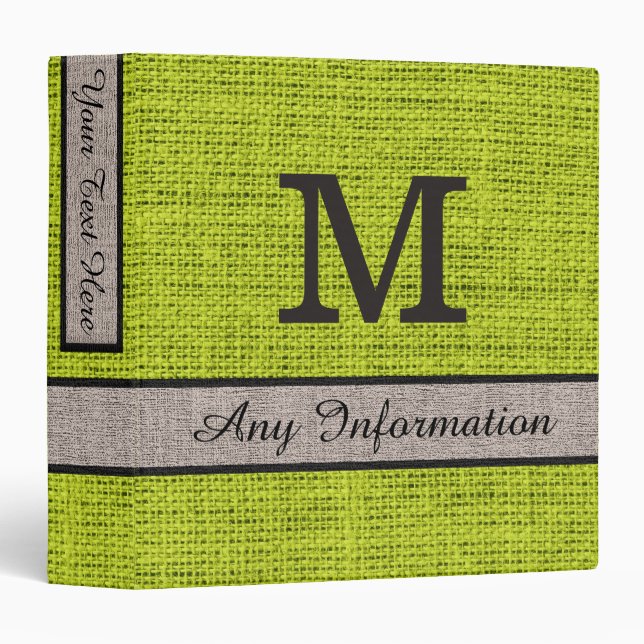 Acid Green Burlap Linen Monogram 3 Ring Binder (Front/Spine)