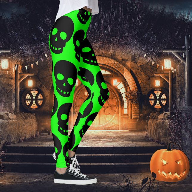 Acid Green Goth Big Black Skulls Leggings (Creator Uploaded)