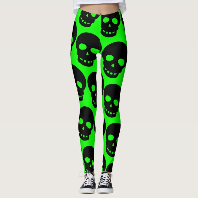 Acid Green Goth Big Black Skulls Leggings (Front)