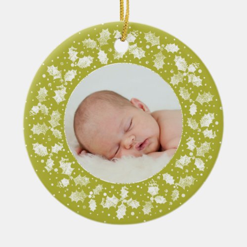 Acid Green Holly Wreath Christmas Photo  Message Ceramic Ornament