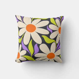 Acid Meadow Retro Daisies in Lime and Lilac Throw Pillow