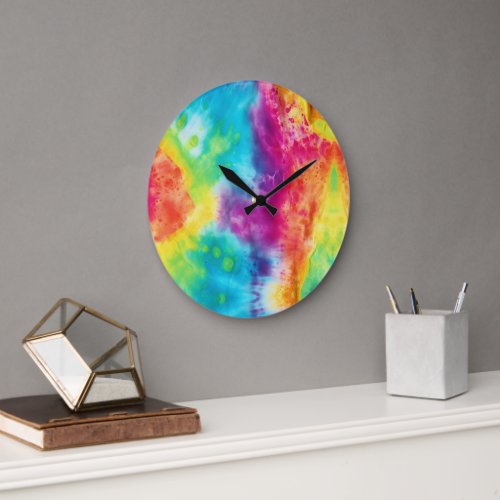 Acid neon rainbow tie dye large clock