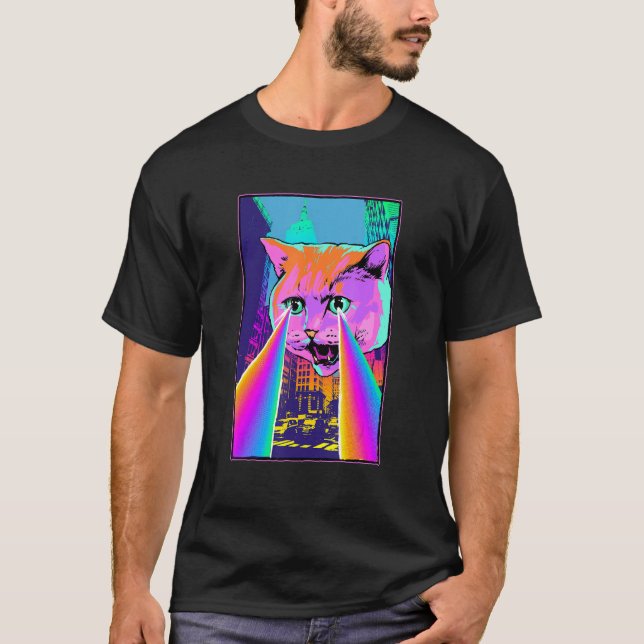 Acid Pixie Laser Cat in the City Psychedelic Tripp T-Shirt (Front)