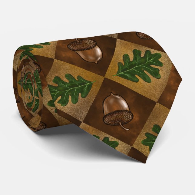 Acorn and Oak Leaf Checkerboard Pattern Neck Tie (Rolled)