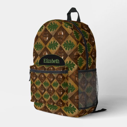 Acorn and Oak Leaf Checkerboard Pattern Printed Backpack