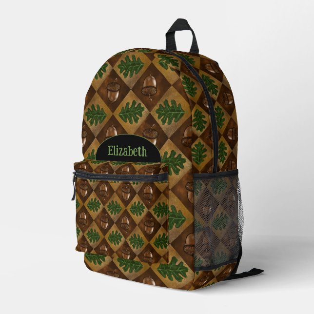Acorn and Oak Leaf Checkerboard Pattern Printed Backpack (Back Corner Right)