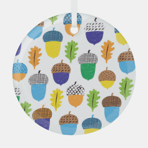 Acorn Autumn: Vintage Leafy Pattern. Glass Ornament