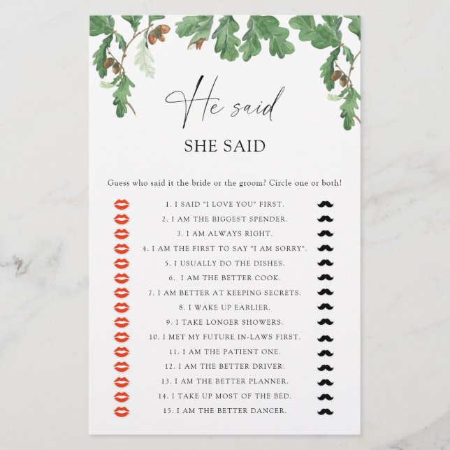 Acorn branch - He said she said bridal shower game (Front)