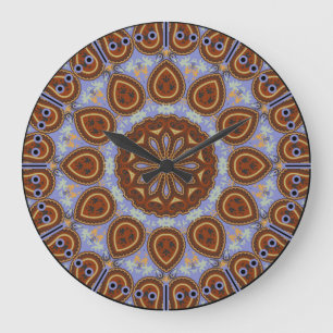 Acorn Brown and Lavender Paisley Kaleidoscope Boho Large Clock