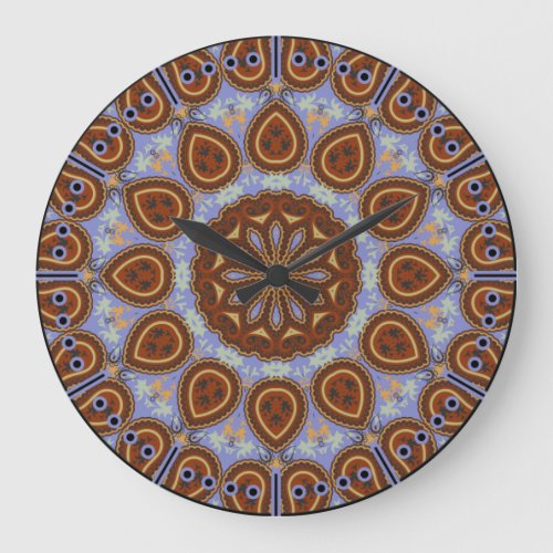 Acorn Brown and Lavender Paisley Kaleidoscope Boho Large Clock