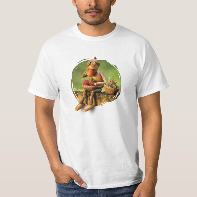 Acorn elf eating strawberries in the forest T-Shirt (Front)