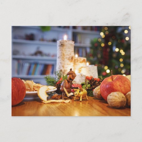 Acorn elf feeding Christmas golden piglet Postcard