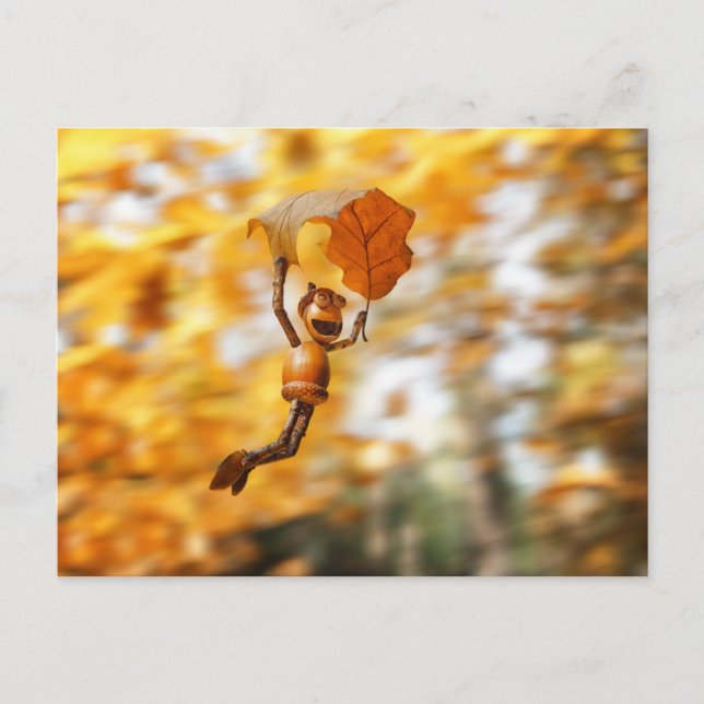 Acorn elf flying on the oak autumn leaf postcard (Front)