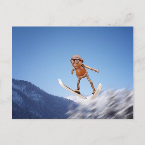 Acorn elf flying on the skis winter postcard