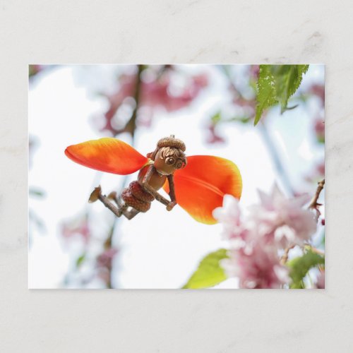 Acorn elf girl as tulip fairy spring postcard