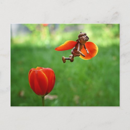 Acorn elf girl as tulip fairy spring postcard