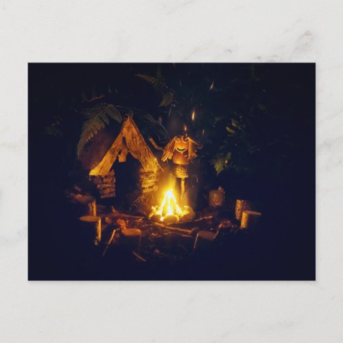 Acorn elf girl by the campfire while camping postcard