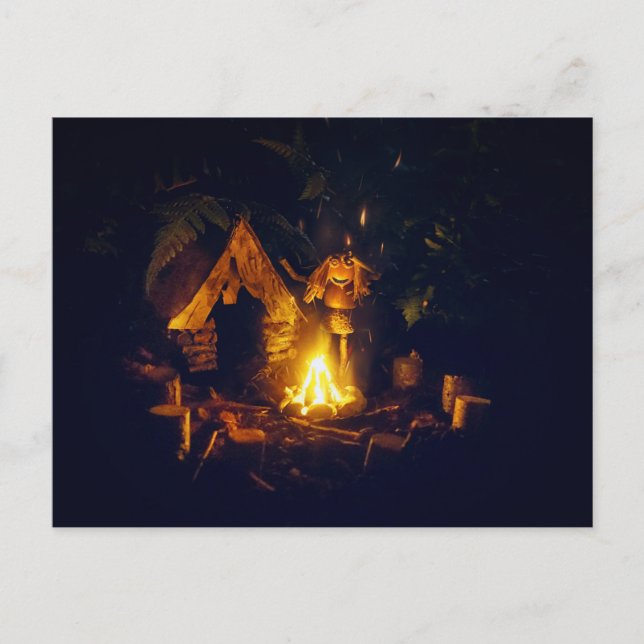 Acorn elf girl by the campfire while camping postcard (Front)