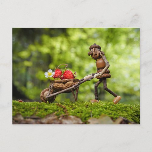 Acorn elf girl carrying strawberries postcard