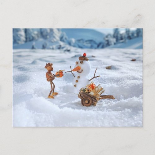 Acorn elf gives a gift to the snowman _ Christmas Postcard