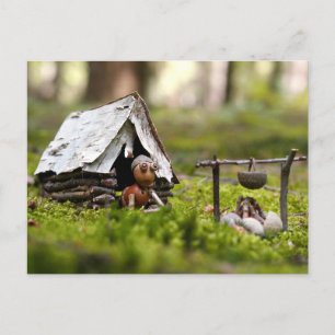 Acorn elf in the tent in the campsite postcard