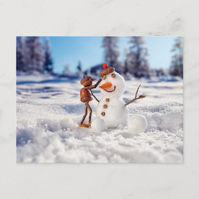 Acorn elf making a snowman winter postcard (Front)