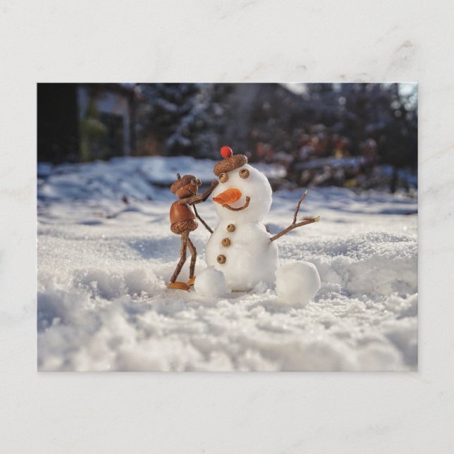 Acorn elf making a snowman winter postcard (Front)