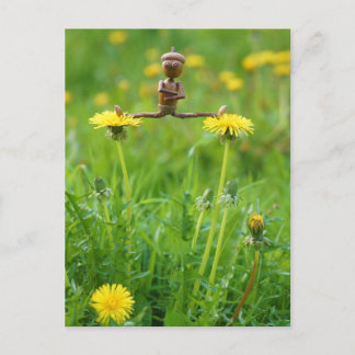 Acorn elf on dandelions on the meadow postcard