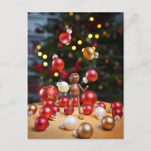 Acorn elf playing with Christmas decorations Postcard