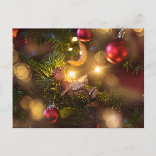 Acorn elf reading book on Christmas tree Postcard