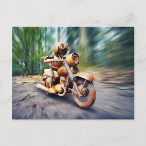 Acorn elf riding the motorbike postcard