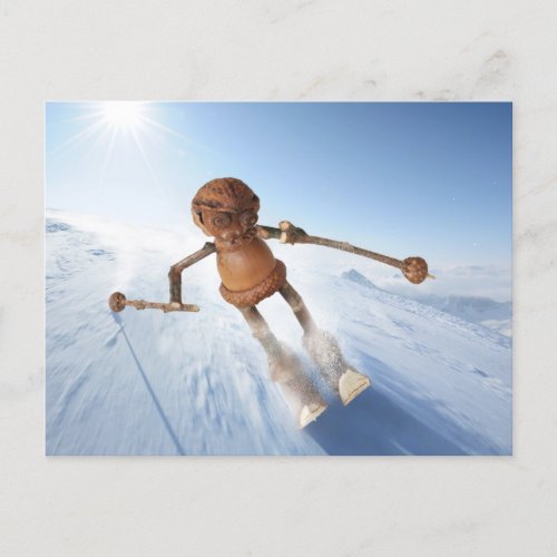 Acorn elf skiing on the snow winter postcard