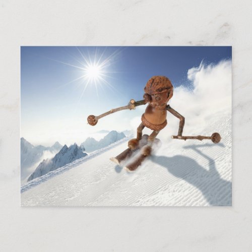 Acorn elf skiing on the snow winter postcard