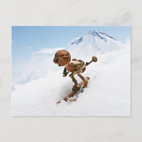 Acorn elf skiing on the snow winter postcard