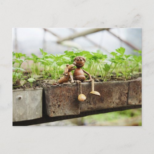 Acorn elf spring gardener postcard