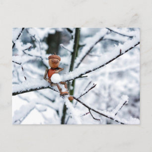 Acorn elf with a snow ball - winter postcard