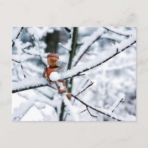 Acorn elf with a snow ball _ winter postcard