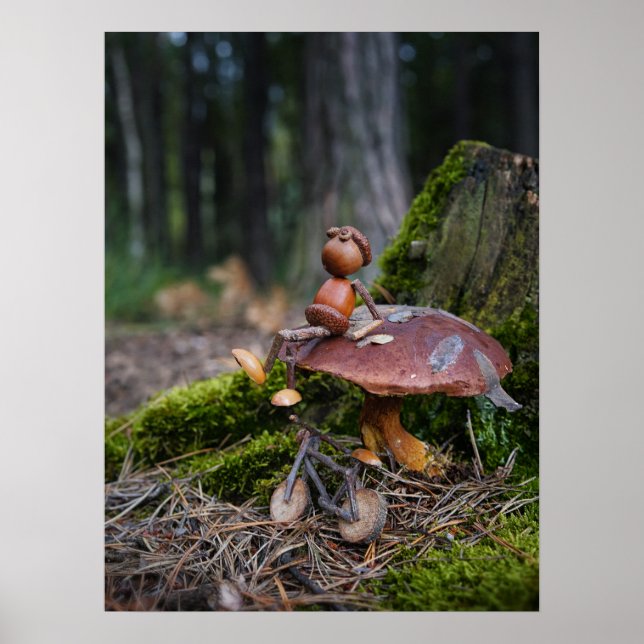 Acorn elf with bike resting on mushroom poster (Front)