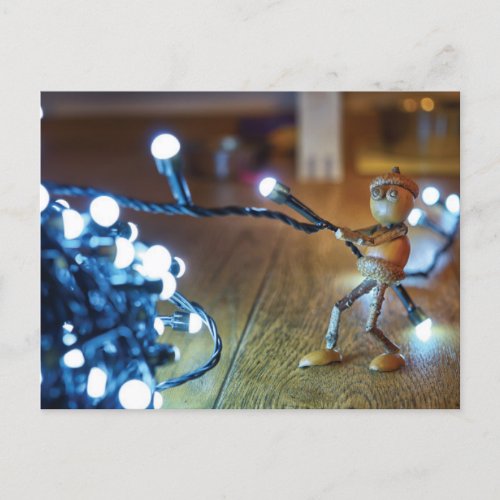Acorn elf with Christmas light chains _ Christmas Postcard