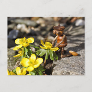 Acorn elf with yellow spring flower spring postcard
