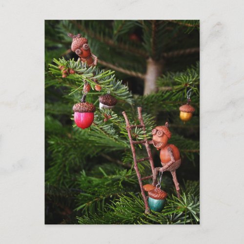 Acorn elves decorating Christmas tree _ Christmas Postcard