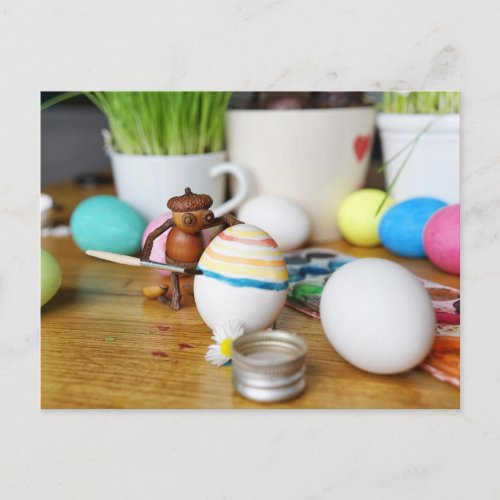 Acorn elves decorating Easter eggs Easter Postcard