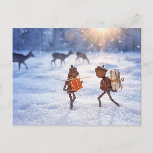 Acorn elves giving gifts to each other _ Christmas Postcard