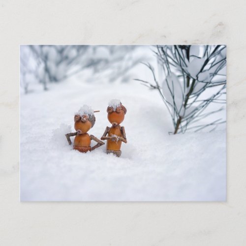 Acorn elves on a snow _ winter postcard