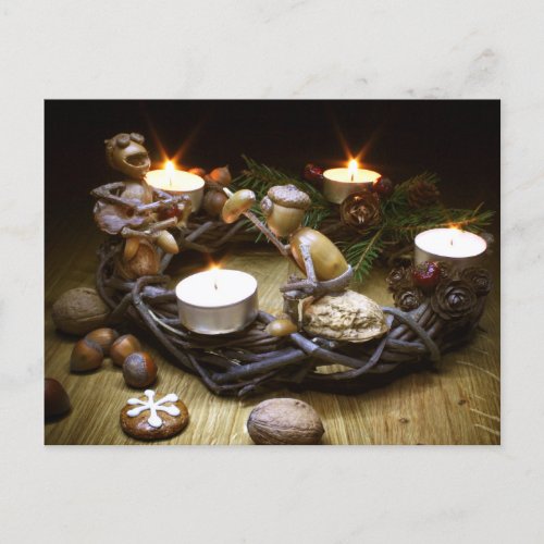 Acorn elves on advent wreath _ Christmas Postcard