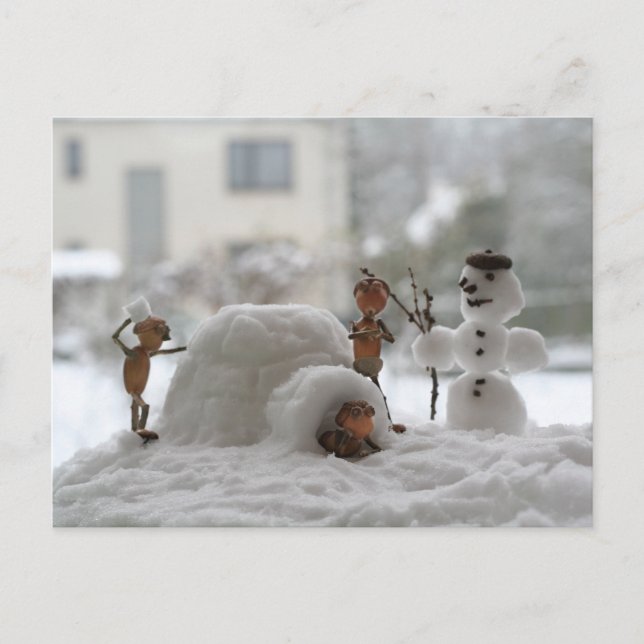 Acorn elves playing with the snow winter postcard (Front)