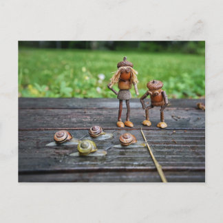 Acorn elves watch the snail races - funny postcard
