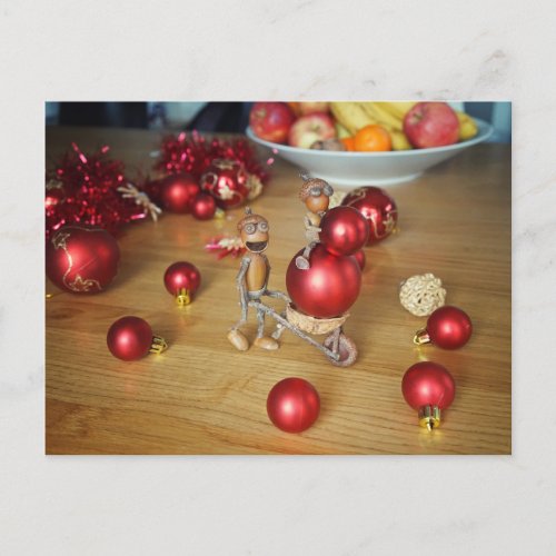 Acorn elves with Christmas decorations _ Christmas Postcard